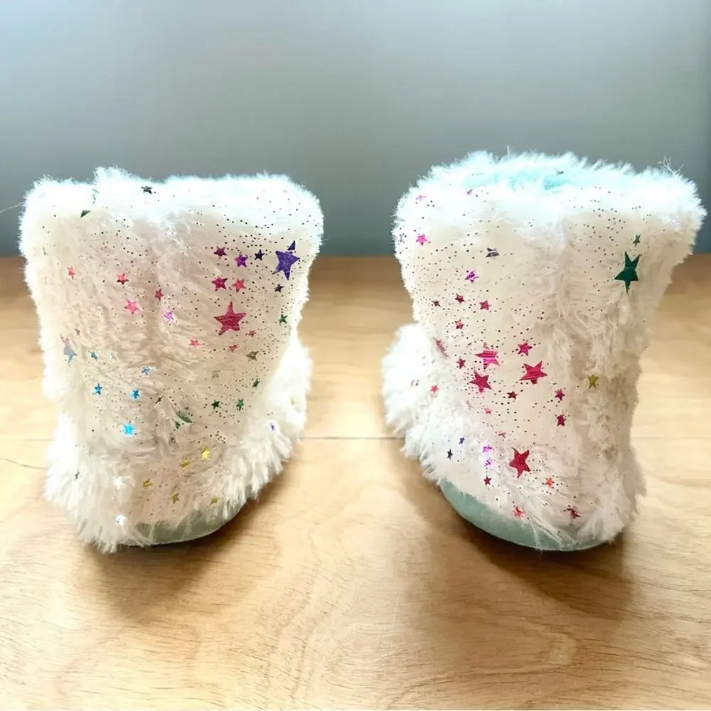 Dearfoams Toddler Slipper Boots Size S 9-10 White Faux Fur Star Cozy